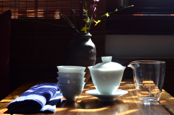 清如许严选 | 影青盖碗四杯;老布茶席 青白釉习茶伴手礼套组