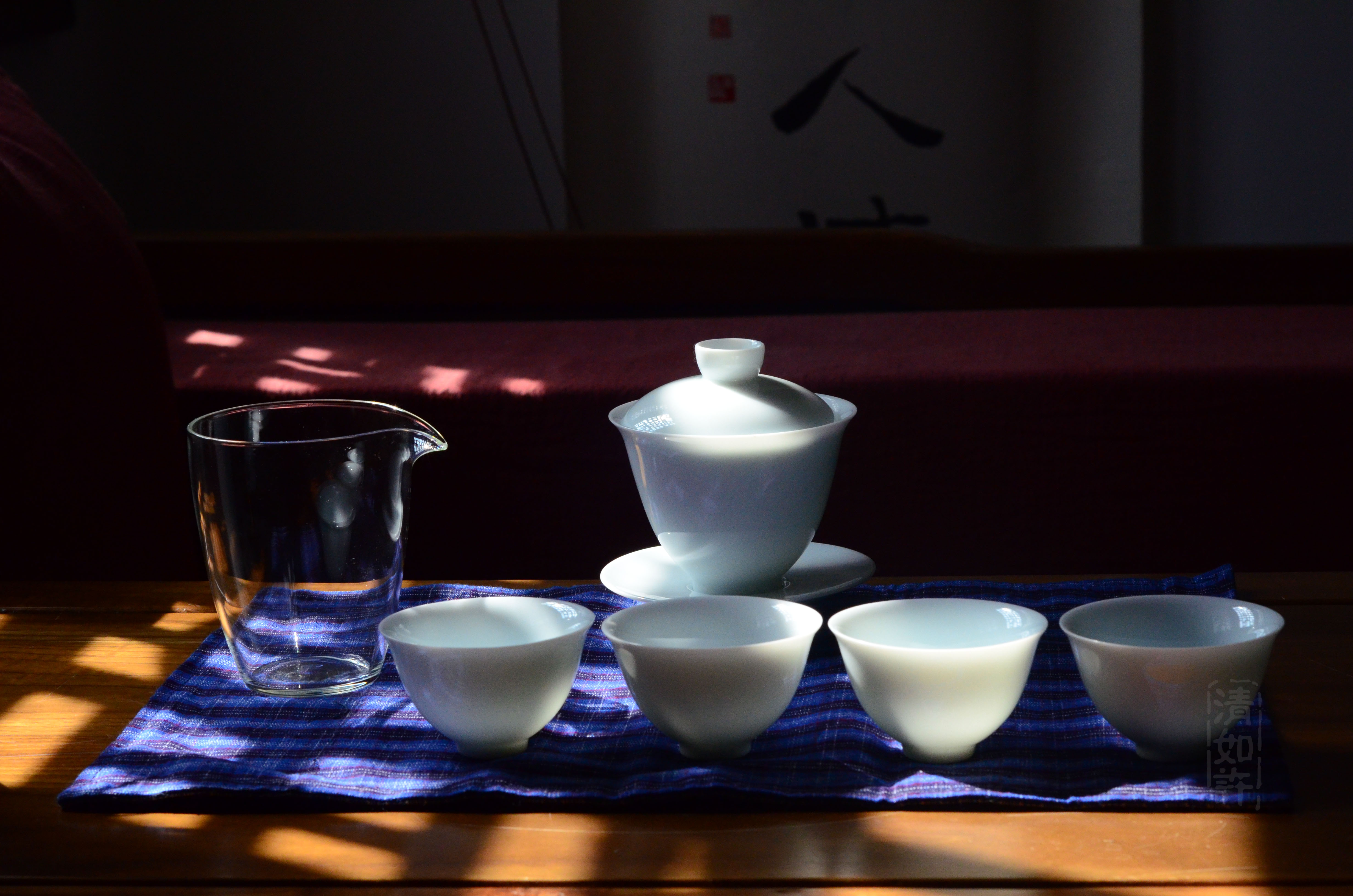 清如许严选 | 影青盖碗四杯;老布茶席 青白釉习茶伴手礼套组