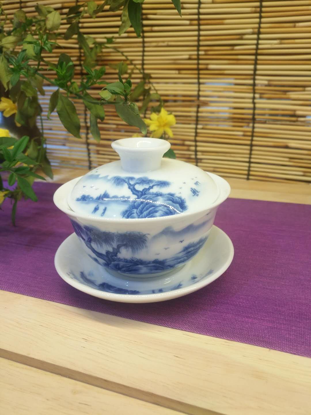 山水盖碗 青花瓷 三才碗 冲茶器 景德镇制