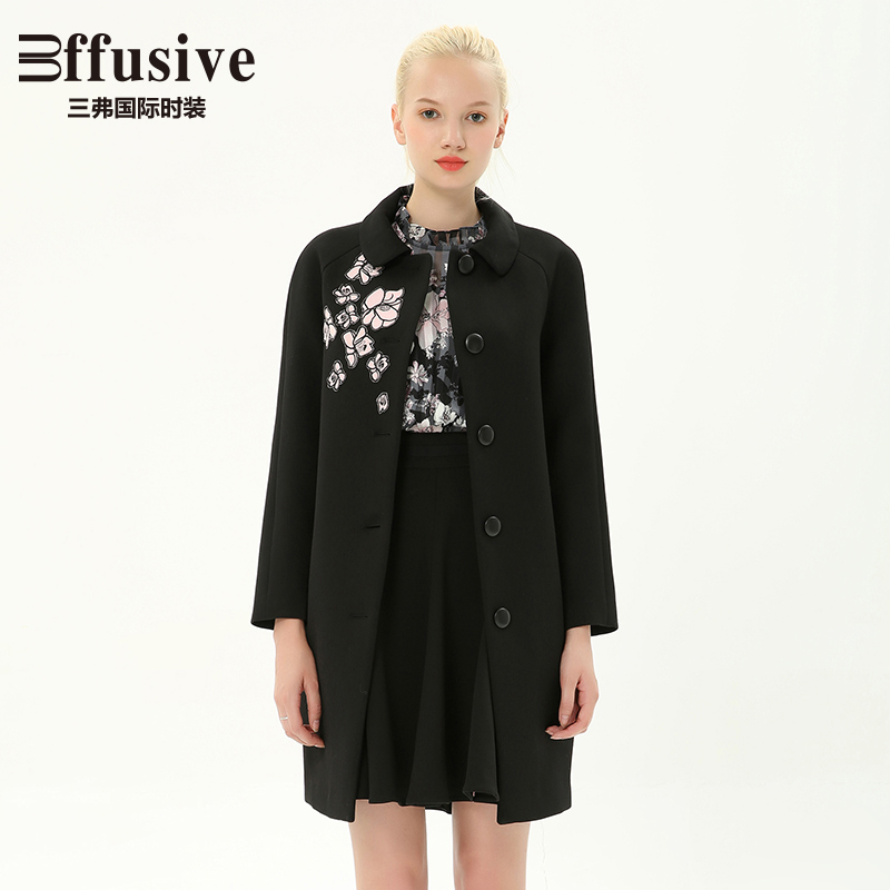 effusive 秋冬小巧翻领贴布绣花卉气质风衣大衣外套女363301f 三弗