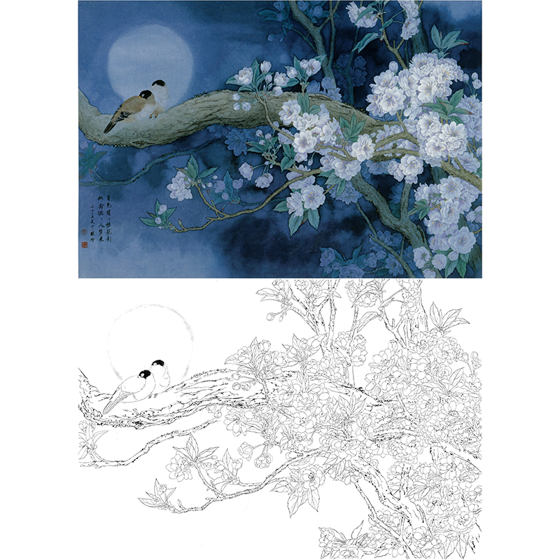 白描底稿-工笔花鸟-周中耀-月移花影入梦来-zt32
