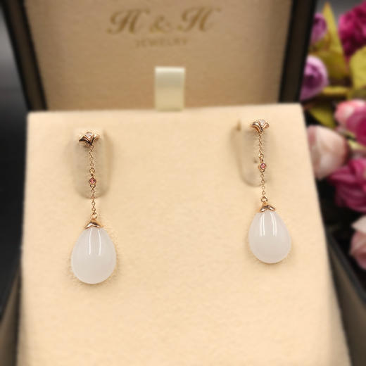 18K玫瑰金和田玉（白玉）镶钻水滴耳饰—花想容 13*18mm 商品图2