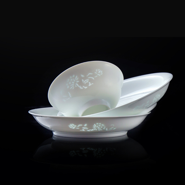 古镇陶瓷景德镇中式白瓷玲珑碗餐具碗碟套装家用简约盘子碗日式