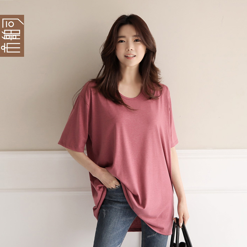 韩国 市舶司女装2018夏装新款纯色中袖宽松中长款t恤上衣女se3107