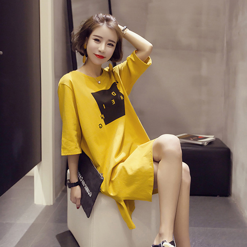 2018夏季新款韩版女装开叉中长款宽松短袖t恤裙女显瘦半袖连衣裙