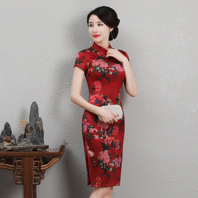 【洛阳牡丹】复古香云纱旗袍裙喜婆婆红色真丝旗袍女夏季宴会中式改良