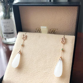 18K玫瑰金和田玉（白玉）镶钻水滴耳饰-玲珑水滴 10*25mm/总长55mm