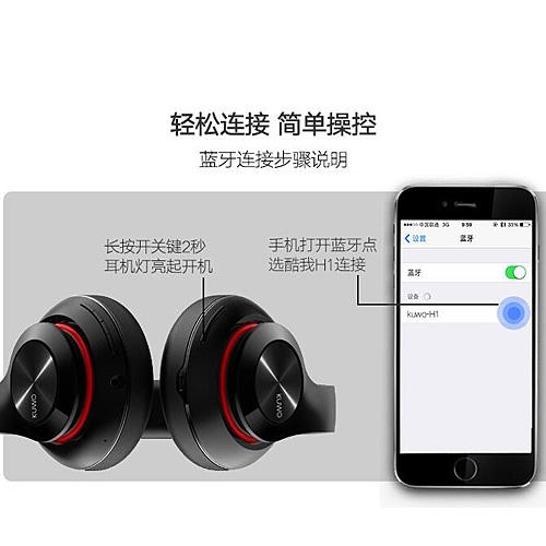 酷我 H1头戴式无线蓝牙音乐耳机通用 幻影黑 C21 商品图4