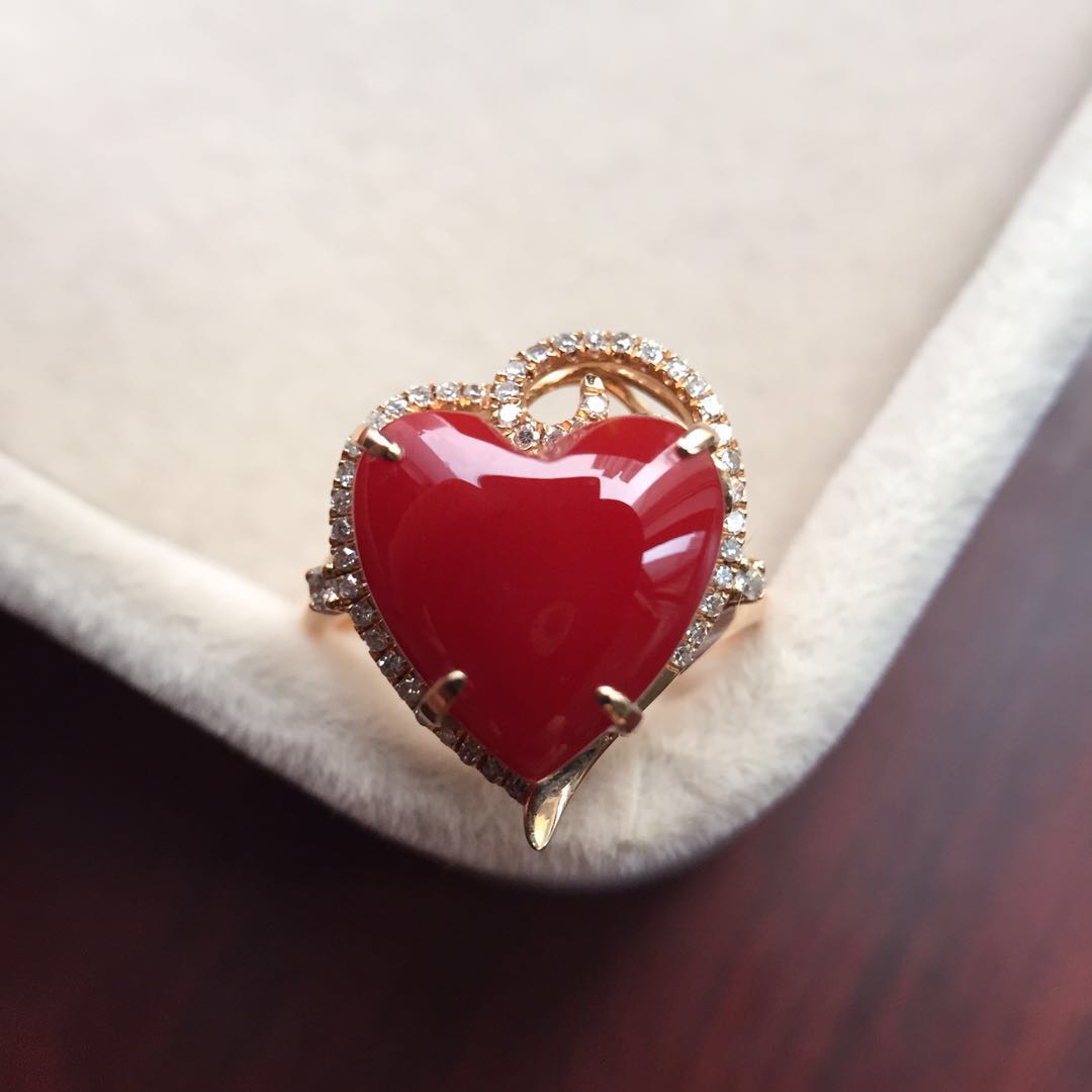 【46448】心型阿卡珊瑚戒指