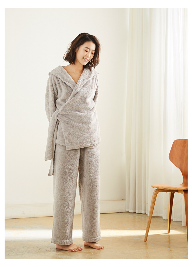 朵朵可可新款女秋冬珊瑚绒加厚连帽系带长袖长裤家居服套装