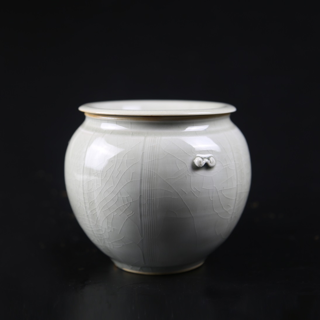 灰釉柴烧建水 瓷泥铜钱型水盂 仿古渣斗