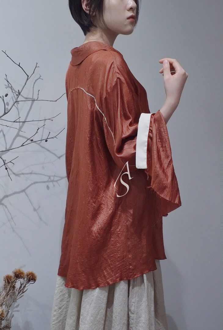 phaedo 18ss 鲑红色长袖背襟真丝衬衫