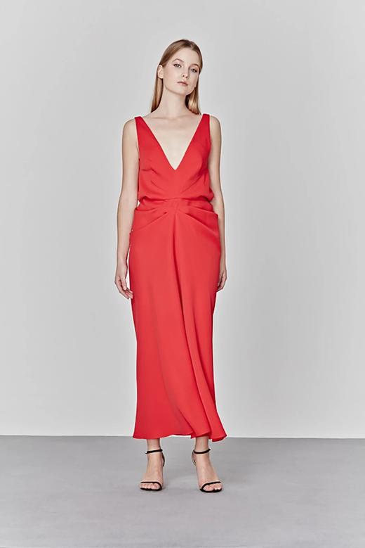 AtelierMissLu / Lena-正红色深V露背褶皱礼服裙 商品图1