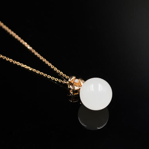 18K玫瑰金和田玉（白玉）镶钻玉珠吊坠--三瓣花         /玉珠10mm 商品图2