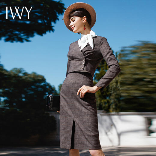 【售罄下架】IWY/咖啡色格纹长袖西装半裙套装CS230 商品图2