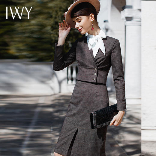 【售罄下架】IWY/咖啡色格纹长袖西装半裙套装CS230 商品图1