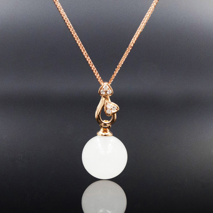 18k玫瑰金和田玉(白玉)镶钻玉珠吊坠--心心相印 /玉珠10mm