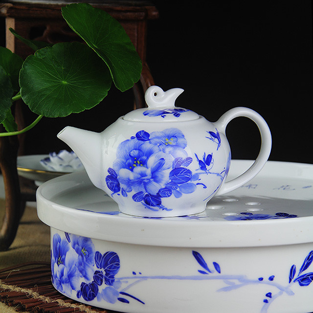 景德镇 陶瓷 国瓷红叶 9头带茶海手指画茶具蓝田玉