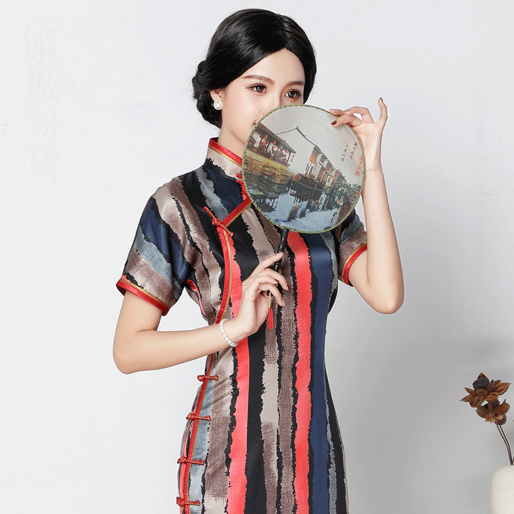 qc1697486高端定制新款改良时尚真丝中长款旗袍