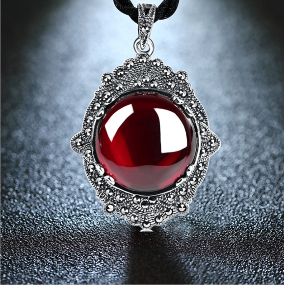 jst-x824曼谷宫廷复古泰银红石榴石吊坠