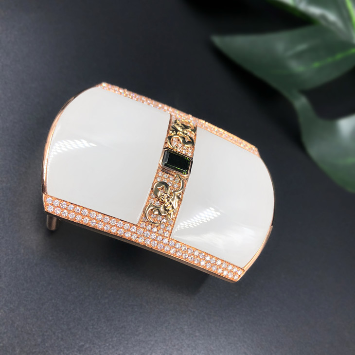 【奢华】18k玫瑰金和田玉(白玉)镶钻腰扣