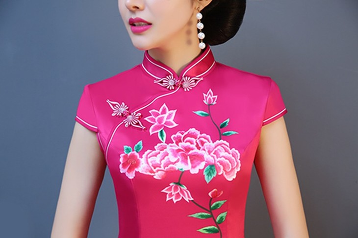 长款定位花粉色丝绸旗袍 yg-8314