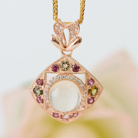 s925银镶嵌碧玺月光石天圆地方吊坠 精致优雅时尚