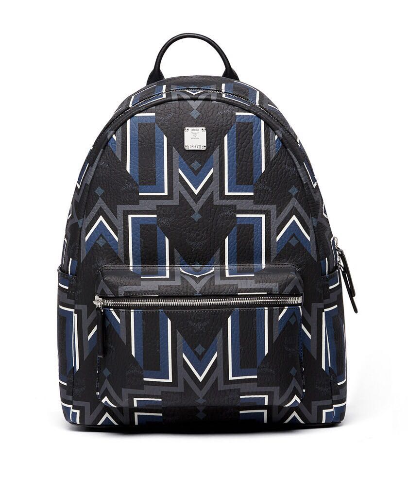 mcm黑色logo印花双肩包