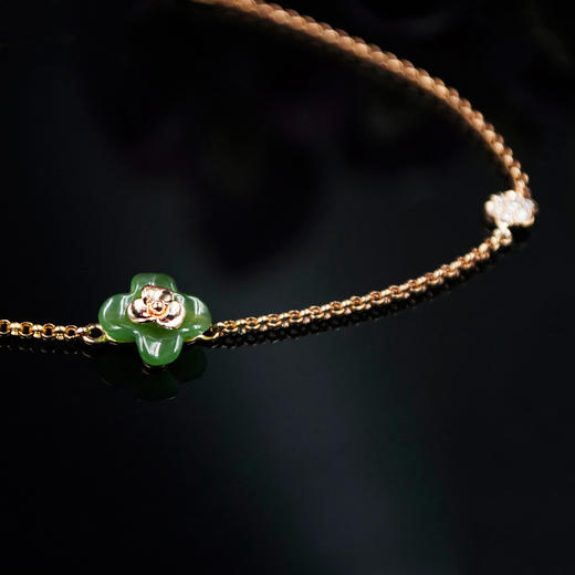 【四叶草】18K玫瑰金和田玉（碧玉）镶钻手链 商品图0