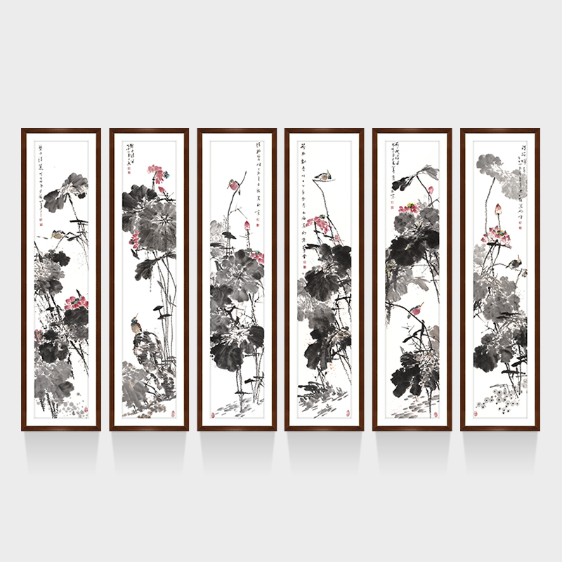 湖山画苑花鸟国画六条屏玄关挂画客厅装饰画荷花手绘真迹画华池清影