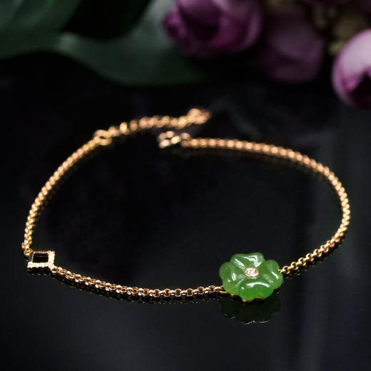 【四叶草】18K玫瑰金和田玉（碧玉）镶钻手链 商品图2