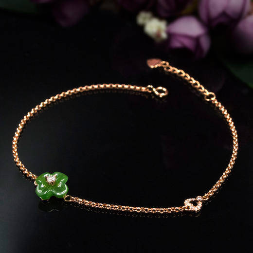 【四叶草】18K玫瑰金和田玉（碧玉）镶钻手链 商品图4