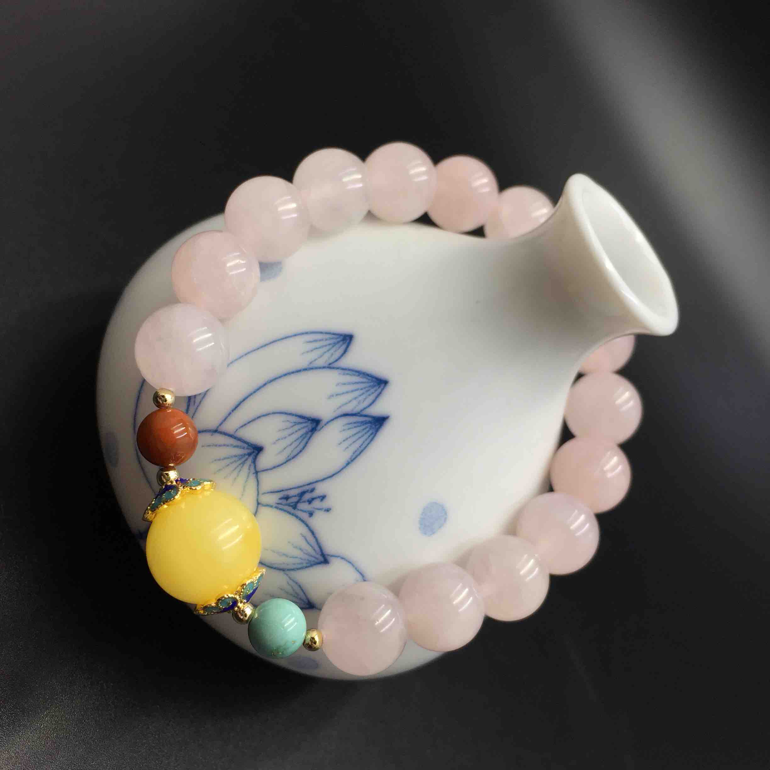 12mm原矿蜡圆珠 搭配10mm人气天然粉晶圆珠手串点缀珐琅花托 南红 绿