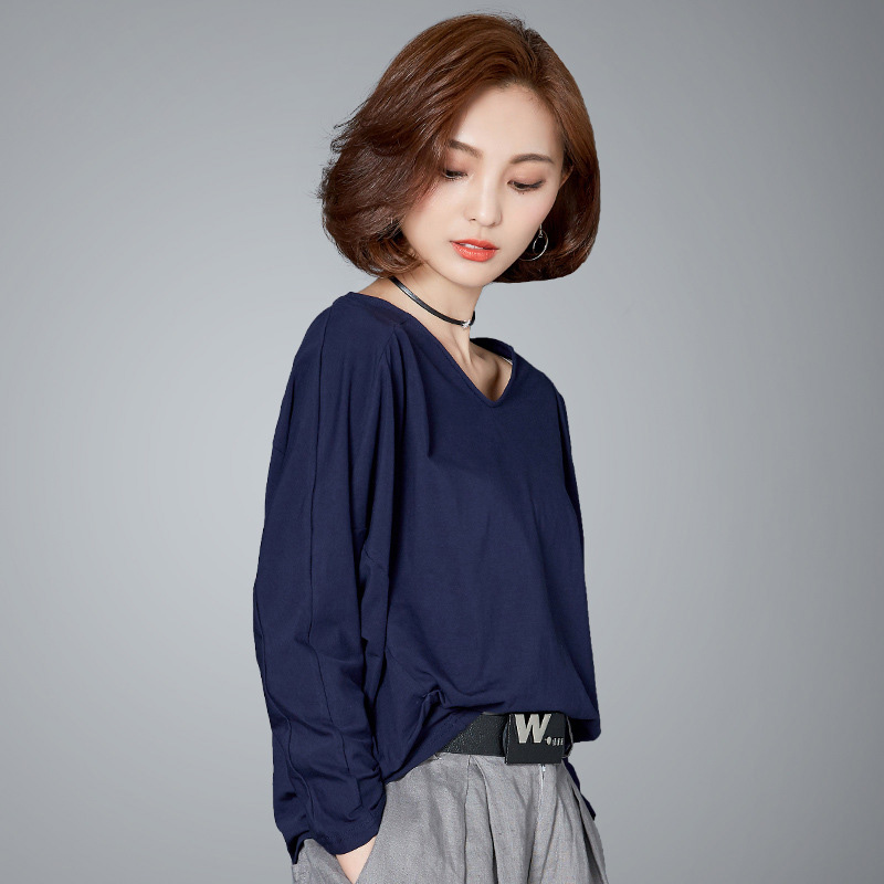 2018夏季新品宽松时尚休闲v领纯棉长袖女士职业t恤上衣16c01220