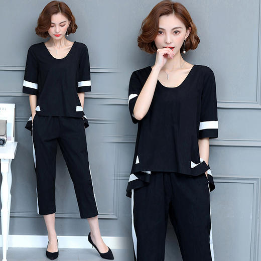 大码女装休闲时尚套装女2018夏季新款韩版胖mm气质两件套da-8og3739