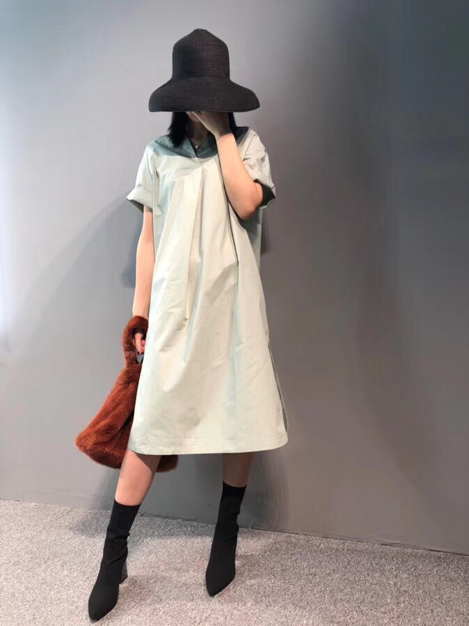 芥末绿jilsander纯色宽松开叉连衣裙