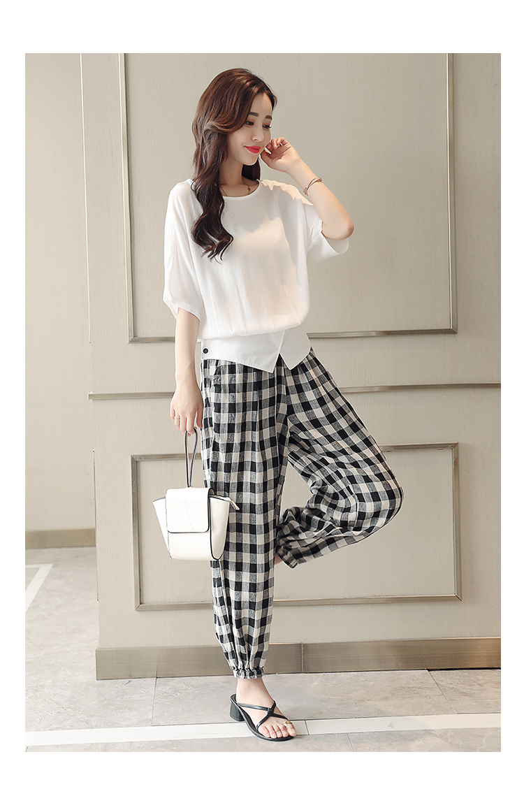 韩版休闲宽松雪纺衫黑白格灯笼裤两件套 货号lwqy3450