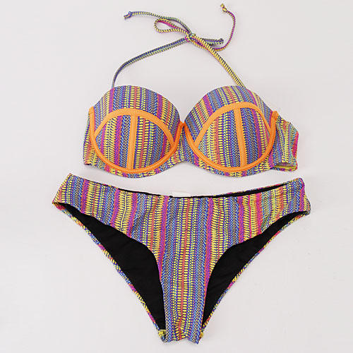 M码样衣荧光橘拼接彩色条纹比基尼泳衣套装 钢圈款 商品图0