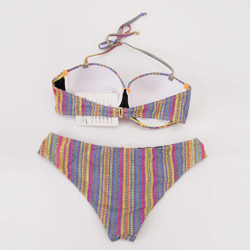 M码样衣荧光橘拼接彩色条纹比基尼泳衣套装 钢圈款 商品图1