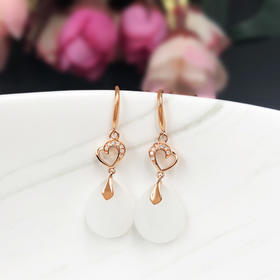 【时尚】18K玫瑰金和田玉（白玉）水滴镶钻耳饰-心心相印 单面水滴2*16mm/总长38mm