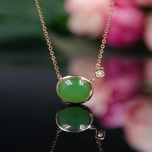 18K玫瑰金和田玉（碧玉）镶钻项链—星辰  苹果绿/10*8mm/链长40+2cm 商品图1