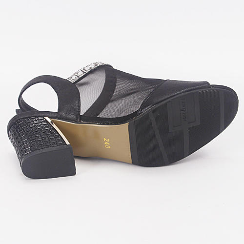 38码女士黑色水钻网纱粗高跟鱼嘴鞋凉鞋8025C32 商品图4