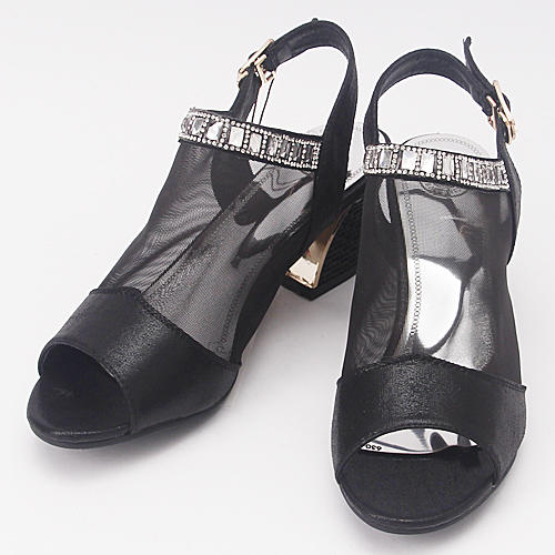 38码女士黑色水钻网纱粗高跟鱼嘴鞋凉鞋8025C32 商品图0