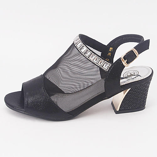 38码女士黑色水钻网纱粗高跟鱼嘴鞋凉鞋8025C32 商品图1