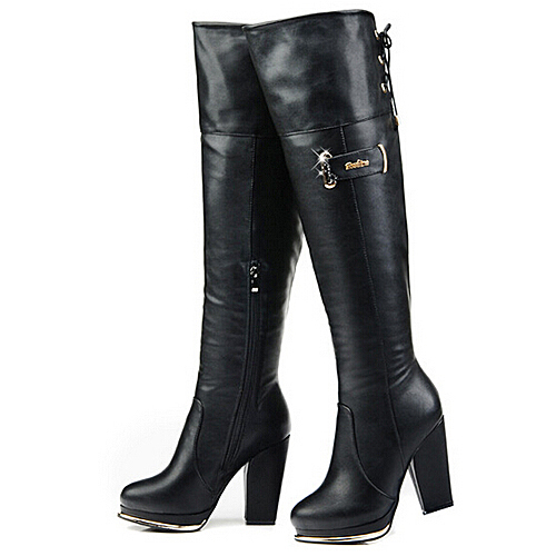 37码女士黑色粗高跟冬季加绒保暖长靴过膝靴C33