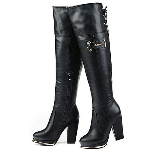 37码女士黑色粗高跟冬季加绒保暖长靴过膝靴C33 商品图0