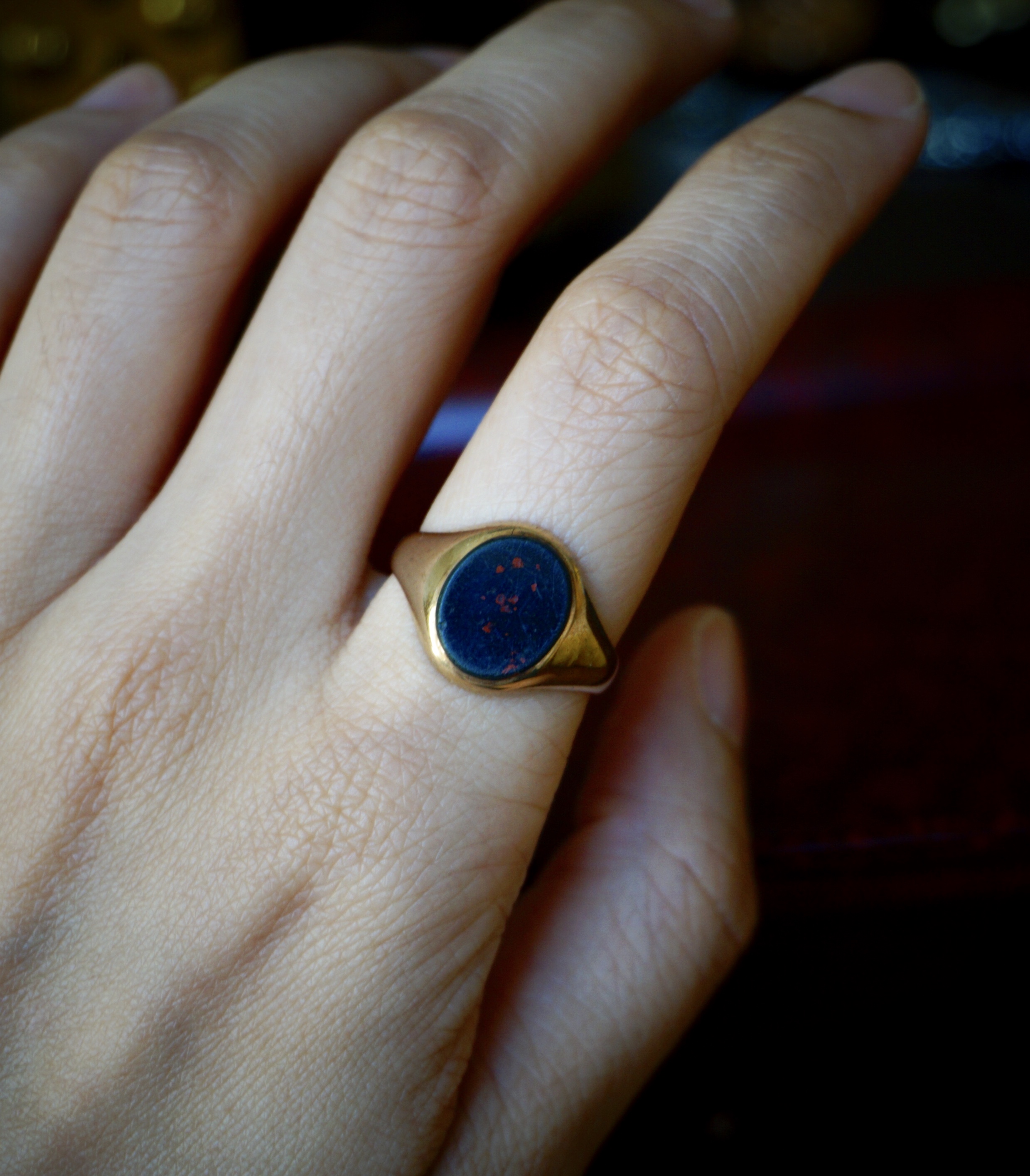 英国古董9k金血玉髓戒面火漆印章绅士戒指○frantiques英国古董