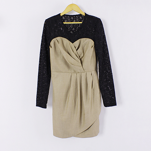 S码撞色拼接蕾丝优雅褶皱长袖连衣裙E12