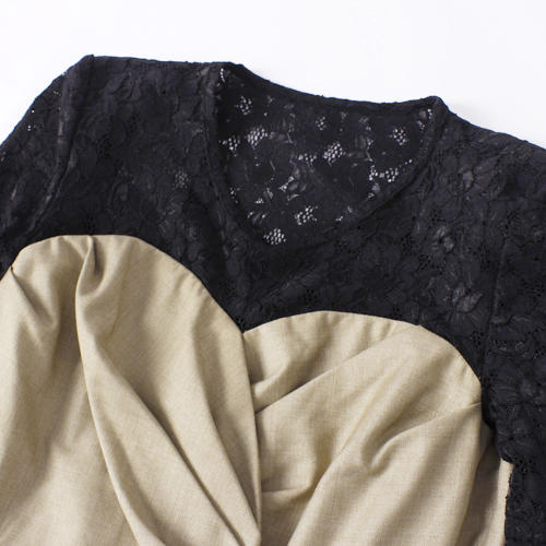 S码撞色拼接蕾丝优雅褶皱长袖连衣裙E12 商品图2