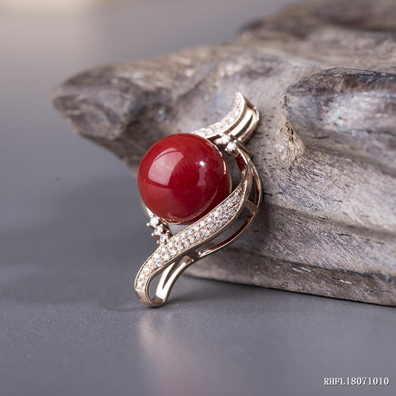 18k金镶钻阿卡红珊瑚圆珠吊坠